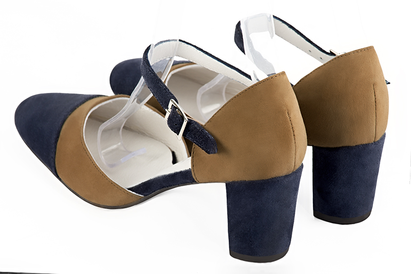 Navy blue and camel beige women's open side shoes, with an instep strap. Round toe. Medium block heels. Rear view - Florence KOOIJMAN